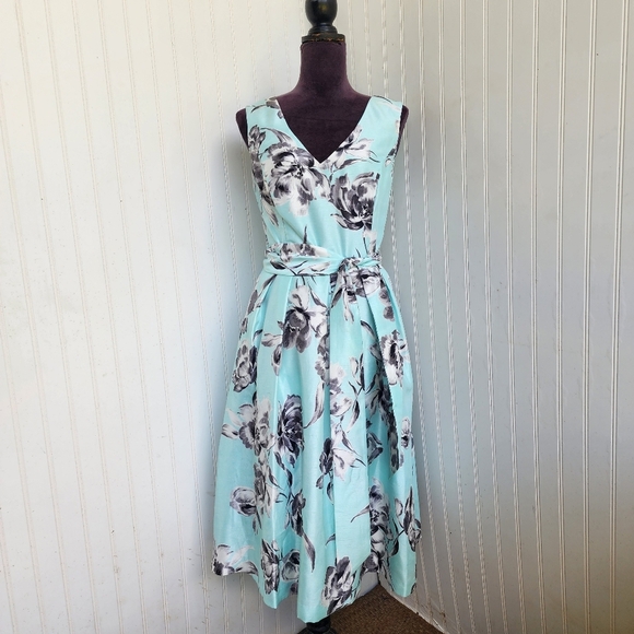 JESSICA HOWARD Formal Blue Black Flowers Tie Belt Satin Dress Sleeveless Sz 12 - Picture 1 of 16